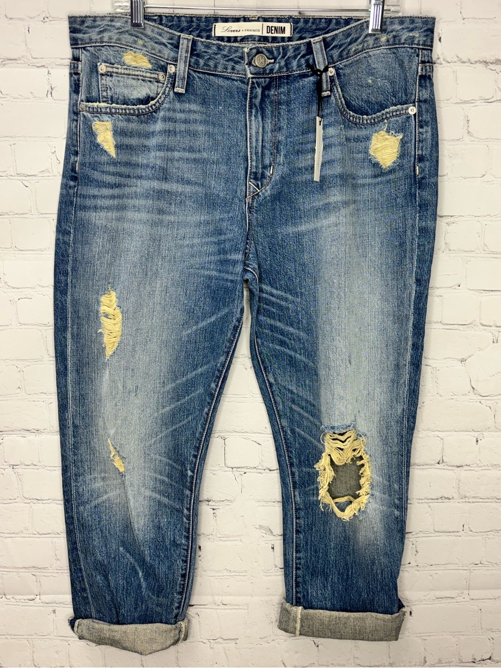 Lovers + Friends medium-wash distressed slim boyfriend jeans NWT